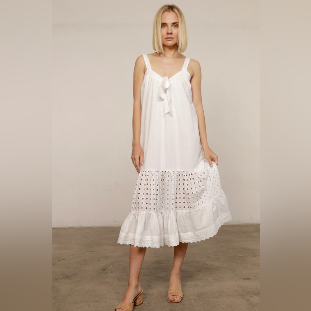 Nightcap Free People “Costa Coquette” White Cotton Eyelet Midi Sun Dress XS S M